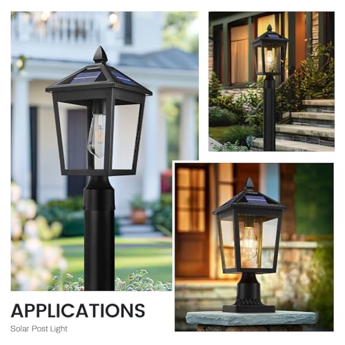 Image of zeyu 17 Inch Solar Outdoor Post Light, Outdoor Lamp Post Light Fixture with Remote, Die-Cast Aluminum with Clear Glass Shade, Black Finish, ZYX115P-SL BK
