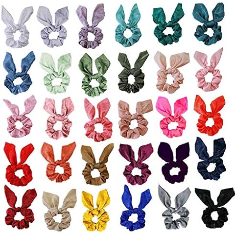 WillingTee 30 Pack Bunny Ear Scrunchies Silk Satin Hair Elastics Scrunchies Chiffon Hair Scrunchies Big Hair Bow Chiffon Ponytail Holder Bobbles Soft Elegant Elastic Hair Bands Hair Ties Cover
