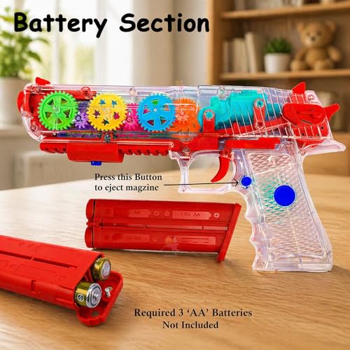 Image of WISHKEY Plastic Gear Simulation Toy Gun for Kids, Pretend Play Gun Toys with Flashing Lights and Exciting Music, Electric Laser Toy Guns with Rotating Gear Mechanism, Red, 3+ Years (Pack of 1)