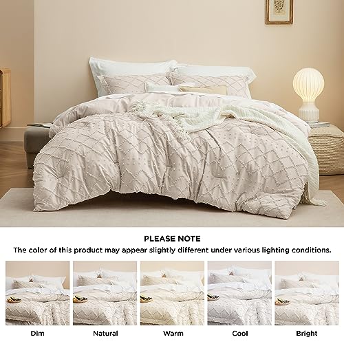 Image of Bedsure King Comforter Set - Beige Comforter, Boho Tufted Distressed Vintage Bedding for Kids, 3 Pieces Farmhouse-Style Bed Set for All Seasons, Fluffy Soft Bedding with 2 Pillow Shams