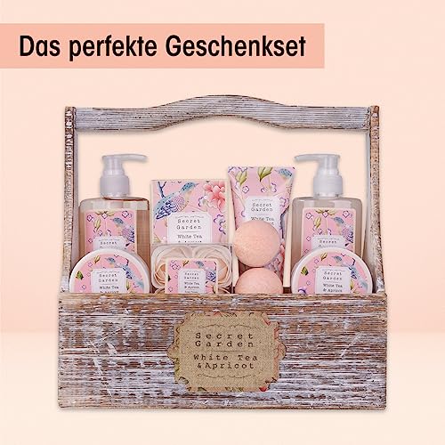Accentra – Duschset Frauen Geschenkset im Holzkorb – 8-teiliges Pflegeset mit Duschgel, Bodylotion, Badezusätzen, Peeling & Handcreme – Wellness Geschenk Set zum Geburtstag, Valentinstag & Muttertag
