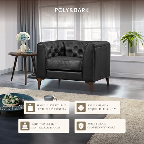 Image of POLY & BARK Essex 40 inch Lounge Chairs Set of 2 - Onyx Black Semi-Aniline Italian Leather, Tufted Back & Arms, Feather-Down Cushioning, Walnut Wood Legs
