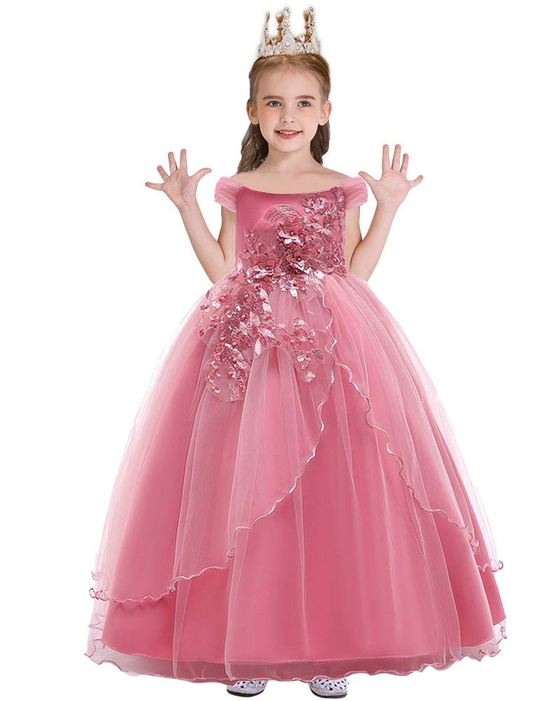 WOCINL Girls Off-The-Shoulder Party Dress Princess Birthday Pageant Wedding Prom Communion Evening Dance Long Tulle Gown Dusty Rose 5-6 Years