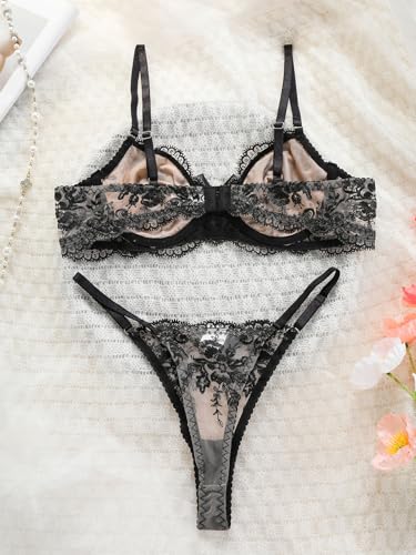 Image of Sexy Floral Embroidered Flower Mesh Underwire Push Up Lingerie Set