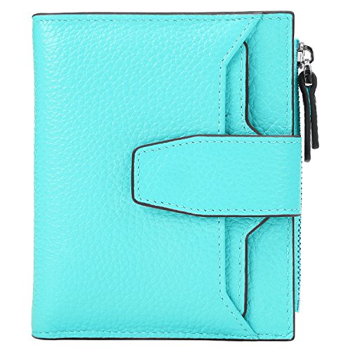AINIMOER Women's RFID Blocking Leather Small Compact Bi-fold Zipper Pocket Wallet Card Case Purse with id Window (Lichee Sea Blue)