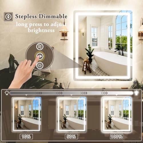 Image of 30 inch x 36 inch Led Bathroom Mirror with Lights, Anti-Fog & Tri-Color Lighting - Wall Mounted Shaving Mirror with Touch Sensor, Waterproof & Smart LED Vanity Mirror,Tempered Glass, Dimmable Smart Mirror