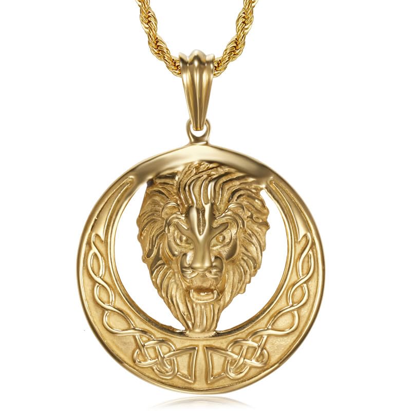 Pendentif tête de lion acier inoxydable collier doré or fin homme
