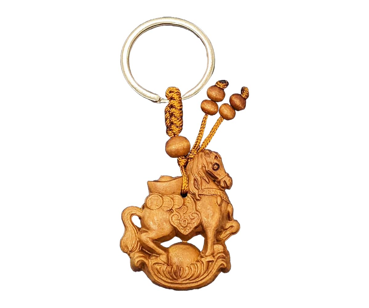 Luck Trader Women's Brown Horse Chinese Zodiac Lunar New Year Hand Carved Mahogany Wood Keyring Keychain