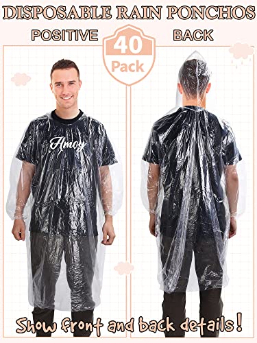 40 Pack Disposable Rain Ponchos for Adults Disposable Ponchos Pack with Drawstring Hood Elastic Sleeves Raincoat for Camping4