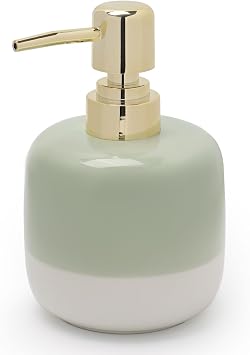 Ceramic Soap Dispenser Green and White Two Color Splicing with Gold Pump,Simple Design Cylindrical Lotion Dispenser Bottle,Refillable Liquid for Kitchen,Bathroom,Washroom