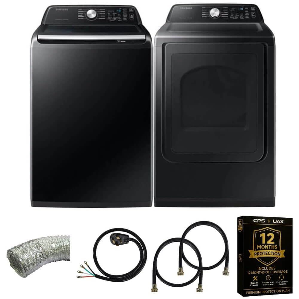 Samsung Smart 4.7 Cu Ft Top Load Washer & 7.4 Cu Ft Electric Dryer, Sensor Stops Overdrying, Low Vibration Quiet Wash, WaterJet w/Power Cords, Hoses, Vent Duct, 1 Year CPS Protection Bundle (Black)