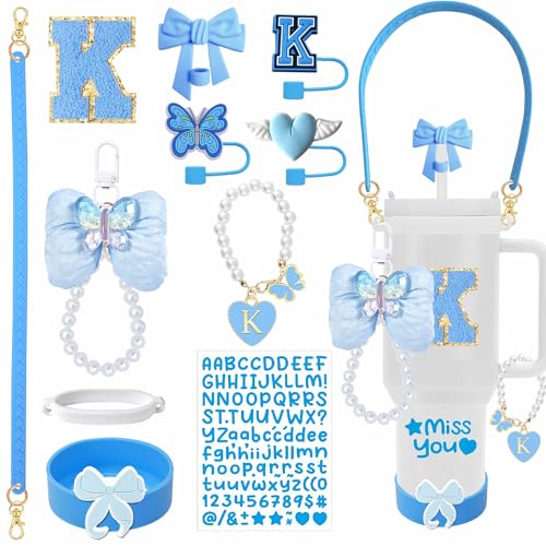 JIASHEBDE 11PCS Personalized Accessories Set for Stanley Cup 30oz 40oz DIY Letter & Number Stickers Straw Covers Silicone Boot Handle Strap Cup Charms Tumbler Accessories(K Blue)