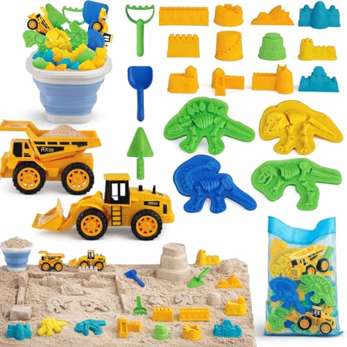 TOY Life 22 Pcs Dinosaur Beach Toys for Kids Ages 4-8 Collapsible Sand Toys with Construction Cars Silicone Bucket Shovels & Sand Castle Building Kit Molds, Sandbox Toy for Summer, Travel, Fishing