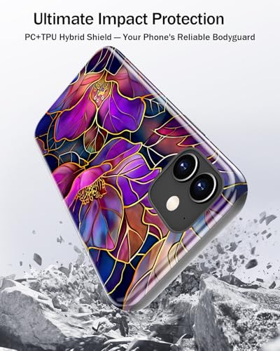 Image of Goodon for iPhone 12 Mini Case Cute - Wireless Charging Compatible - Dual-Layer Hard Shell + Silicone Cover - Protective Phone Case with Trendy Designs for Women - Blooming Purple Flowers