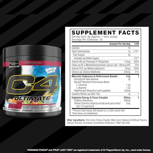 Image of C4 Ultimate Pre Workout Powder - Sugar Free Preworkout Energy Supplement for Men & Women - 300mg Caffeine + TeaCrine + Dynamine + Creatine - Hawaiian Punch Fruit Juicy Red, 20 Servings