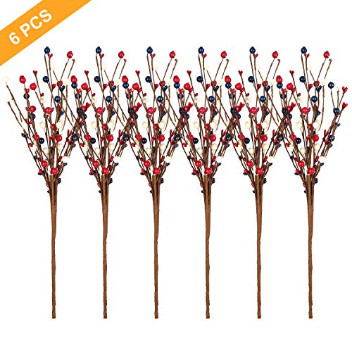 JINGHONG 6 Pcs Artificial Pip Berry Stems,America Patriotic Stems Red White Blue Pip Berry Stems for 4th of July Decor Independence Day Decor