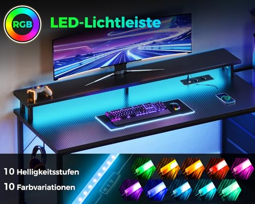 Coleshome Gaming Tisch mit LED-Beleuchtung & Steckdose, Gaming Schreibtisch mit Schubladen, Computertisch mit Ablageflächen & Monitorständer, Carbon Fiber Schwarz, 151×50 cm – Bild 5