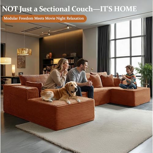 Image of 138 inch Cloud Sectional Couch, Comfort U Shaped Boneless Couch for Living Room, Extra Deep Seats No Assembly, Minimalist Modular Sofa, Corduroy (Deep Orange, 3 Seater+Left Facing Chaise+Ottoman)