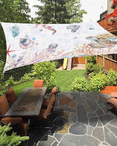 Boanket Sun Shade Sail 6.5' x 10', Coastal Sea Turtle UV Block Sun Sails Shades for Outdoor Decor, Summer Beach Nautical Starfish Coral Shade Cloth for Patio Deck Terrace Garden Lawns Beach Backyard