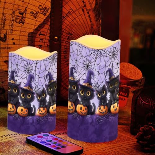 Image of Witch Kitten Battery Operated Candles Set of 4 | LED Flickering Battery Operated Color Changing Electric Pillar Candles for Living Room Halloween Home Decoration