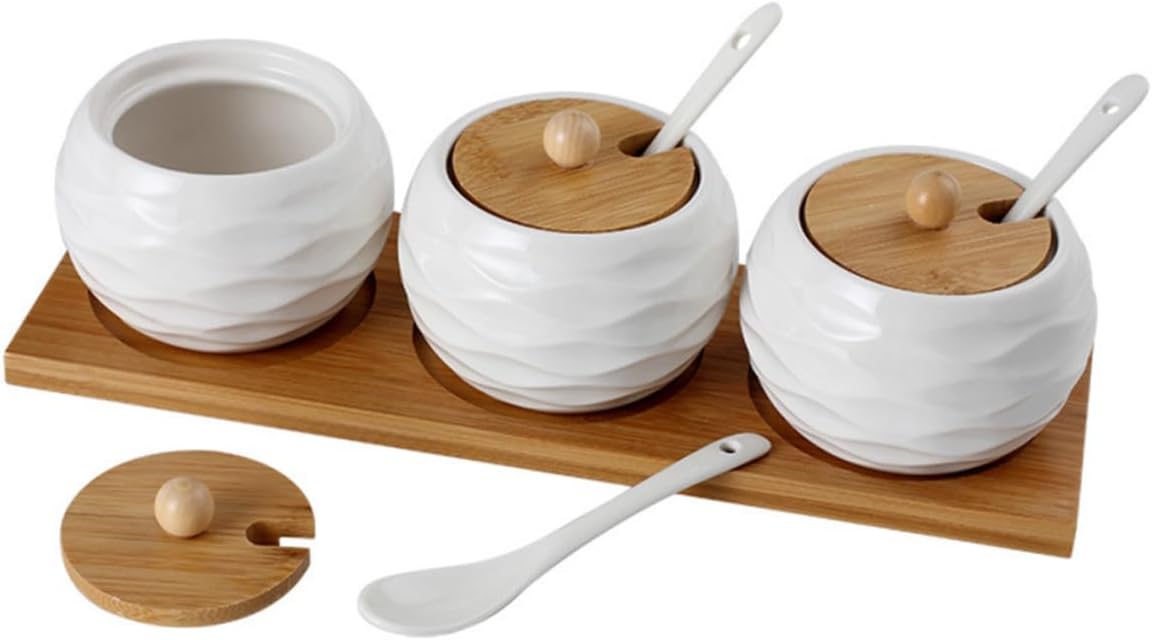 Mikinona 1Set Ceramic Seasoning Jar Spice Storage Pots with Wave Pattern Light Brown Condiment Containers for Salt Sugar and Spices for Kitchen Counter and Dining Table