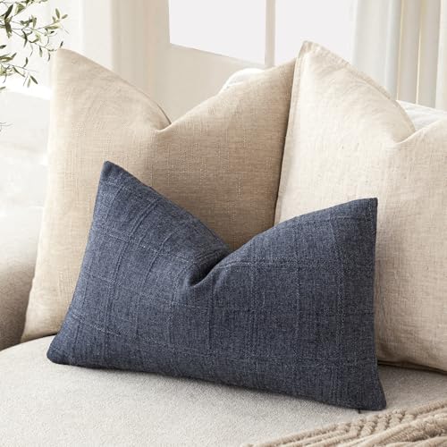 Image of Foindtower Set of 1 Decorative Linen Check Throw Pillow Cover Neutral Farmhouse Lumbar Cushion Cover Modern Boho Home Decor for Sofa Chair Couch Bedroom Living Room,12x20 Inch,Navy Blue