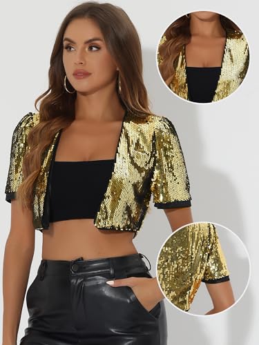 Image of Allegra K Sequin Cardigan for Women Puff Sleeve Open Front Jacket Sparkly Glitter Cropped Shrug Bolero