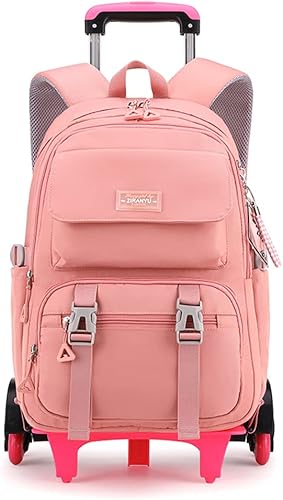 MITOWERMI Mochila con ruedas para niñas, para niños, para escuela, primaria, mediana, con ruedas, mochila con ruedas para niños, Rosa de 6 ruedas