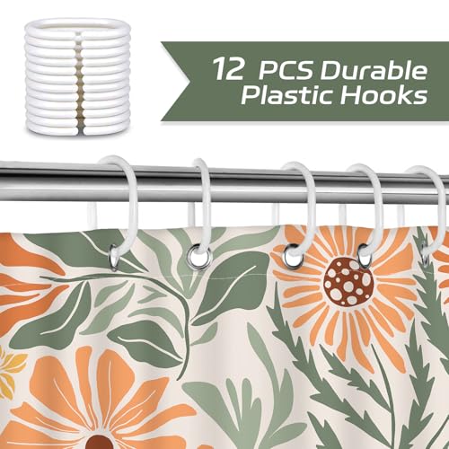 Dazzlewall Duschvorhang Boho Blumen 180 x 180 cm, Orange Grün Blumen Mittelalter Retro Böhmischen Pflanzen Blätter Badevorhang für Badzimmer, Wasserdicht Anti-Schimmel Polyester Stoff mit 12 Haken