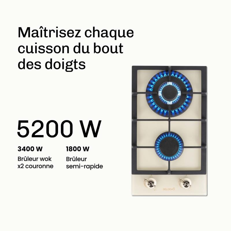 BELDEKO Plaque Gaz 2 Feux 5200W Beige Grilles Fonte - Marque Française