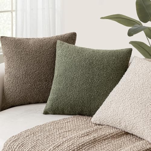 Image of Foindtower Set of 2, Decorative Textured Boucle Throw Pillow Covers Accent Solid Pillow Cases Neutral Soft Cozy Couch Cushion Case for Chair Sofa Bedroom Living Room Home Decor 16x16 Inch Light Brown