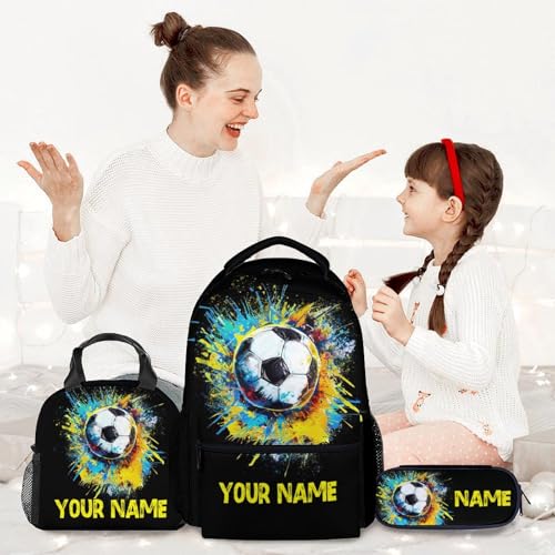 Personalized Soccer Backpack with Lunch Box and Pencil Case Set, 3PCS Matching Teens Colorful Backpacks Combo, Bookbag and Pencil Case Bundle2