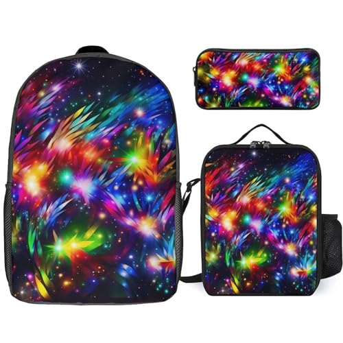 3 Piece Backpack for Women Men Lightweight Causal Daypack Shoulder Bag Set with Insulated Lunch Bag And Pencil Case Organizers Bright Beautiful Colorful Art