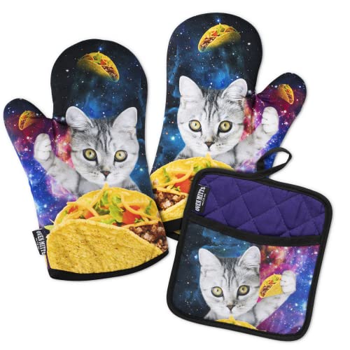 Oven Mitts Co. Galaxy Taco Cat, Oven Mitts and Pot Holder 3pcs Set, Insulated, 100% Cotton, Set