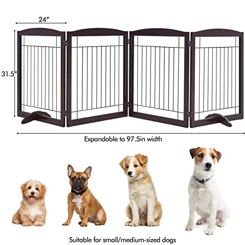 Image of Yaheetech 32 inchH 4-Panel Extra Wide Freestanding Dog Gate For Stairs Doorways | Sturdy Construction, Durable Support Feet, Tool-Free Setup, Fold Flat Barrier Ideal for Small /Medium Dogs, Espresso
