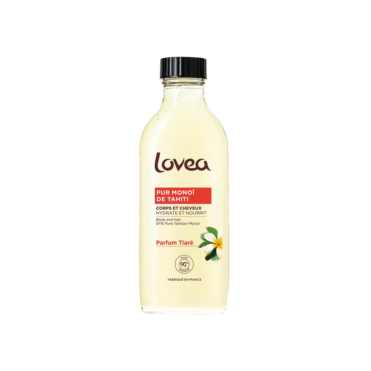 LOVEA - Pur Monoï de Tahiti Parfum Tiaré - Corps & Cheveux - 97% d'Origine Naturelle - Hydrate et Nourrit - Bronzage & Massage - Testé sous Contrôle Dermatologique - Vegan - Fabriqué en France - 100ml