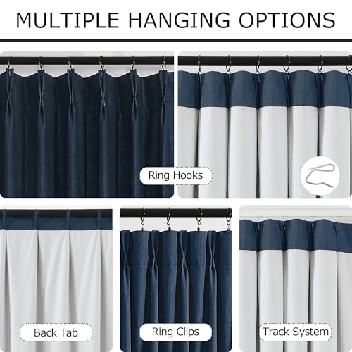 Image of Vision Home Navy Blue Pinch Pleated Full Blackout Curtains Linen Blended Room Darkening Window Curtains 102 inch for Living Room Bedroom Thermal Insulated Pinch Pleat Drapes with Hooks 60 inch Wx102 Lx1
