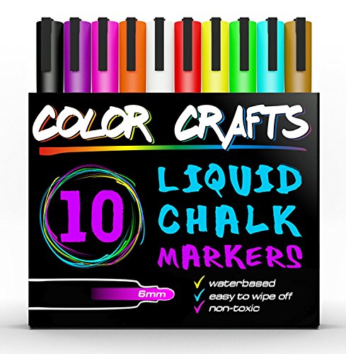 Liquid Chalk Markers - Set of 10 Reversible Tip Paint Pens Vivid Bright Neon Colors and White , 6mm Dual Tip