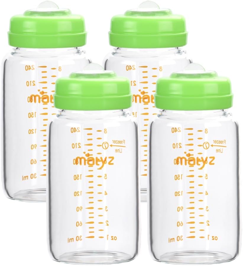 Matyz Glass Breastmilk Storage Containers, 4 Pack, 8 oz Bottle, Compatible With Spectra Medela Philips Pump - Freezer Safe Bottles Set - Leakproof Glass Breast Pump Bottles - BPA Free (Green Lids)