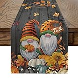 Artoid Mode Fall Gnomes Pumpkins Sunflower Maple Leaves Table Runner, Seasonal Harvest Vintage Kitchen Dining Table Decoration for Indoor Outdoor Home Party Decor 13 x 72 Inch