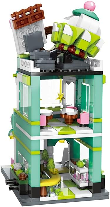 Rear view of the Bulbasaur-Dessert House, revealing the interior layout of the two floors, including tables, chairs, and display counters.