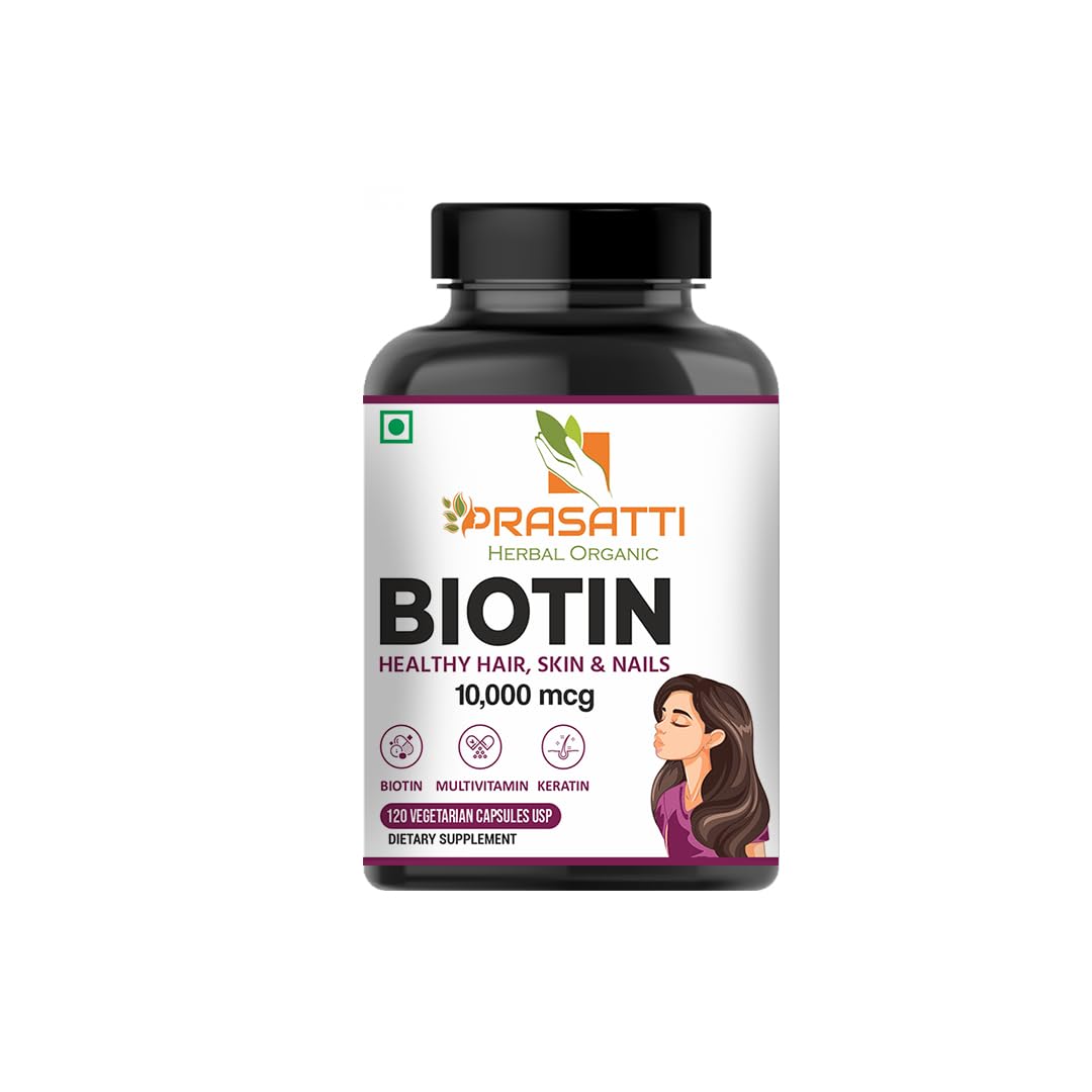 Prasatti Herbal Organic Plant Based Biotin Supplement Capsule with DHT Blockers, Omega & Biotin, Supports Keratin Synthesis for Stronger Hair, Skin and Nails - 120 Veg Capsules