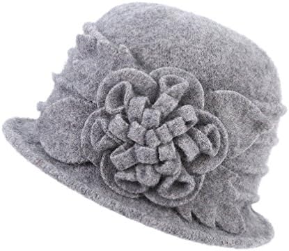 DANTIYA Women's 100% Wool Winter Wool Cloche Bucket Hat Slouch Wrinkled Beanie Cap with Flower Grey
