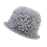 DANTIYA Women's 100% Wool Winter Wool Cloche Bucket Hat Slouch Wrinkled Beanie Cap with Flower Grey