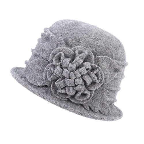 Dantiya Women's 100% Wool Winter Wool Cloche Bucket Hat Slouch Wrinkled Beanie Cap With Flower Grey #TOP1