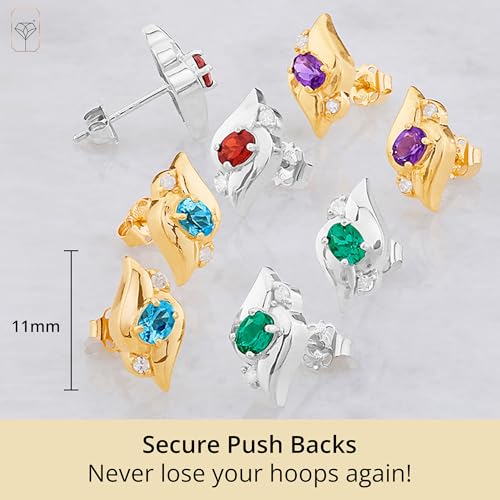 14k Yellow or White Gold Oval Gemstone Stud Earrings for Women with Genuine Diamond Accent Shell and Push Backs with Birthstones by MAX + STONE3