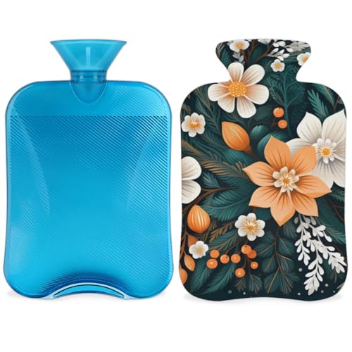 Hot Water Bottle with Soft Cover,2L Colorful Flowers Hot Water Bag for Hot and Cold Compress, Hand Feet Warmer, Watercolor Flowers Rubber Hot or Cold Water Bottle Halloween Christmas Decorations