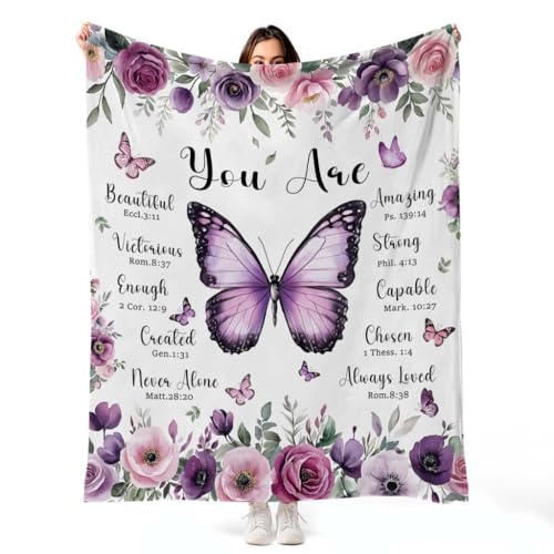 MASLEK Purple Butterfly Floral Blanket Soft Flannel Throw with Inspirational Quote Cozy Gift for Women Girls Bedroom Living Room Home 50x60 Inch