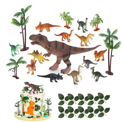 28pcs Realist Dinosaur Figures Cake Topper Set Dinosaur Cake Decorations with Coconut Trees Green Leaves Dinosaur Birthday Toppers for Boys Girls Baby Shower Party Supplies
