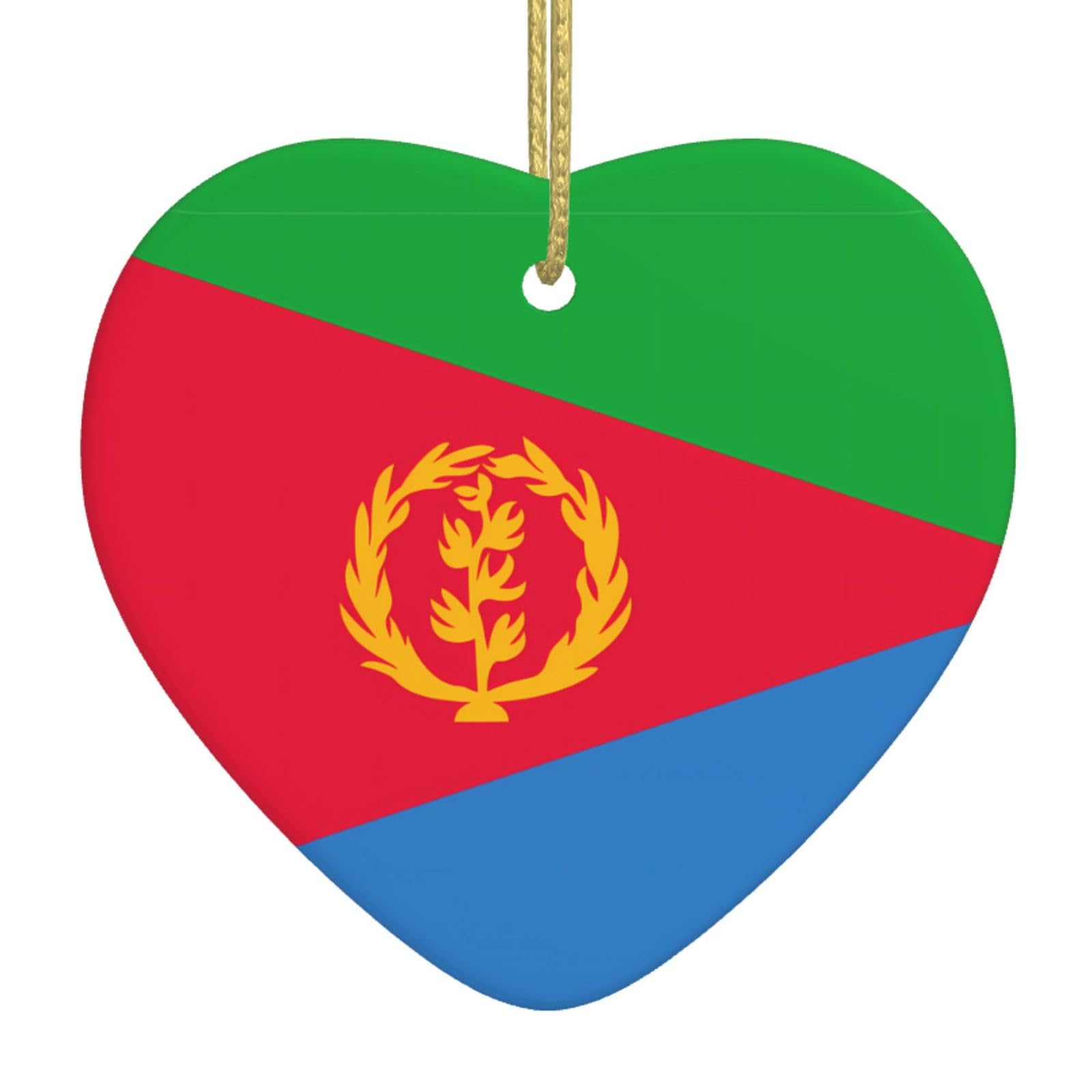 Eritrean Flag Ceramic Christmas Heart Pendant with Silk Thread, Christmas Tree Home Decoration